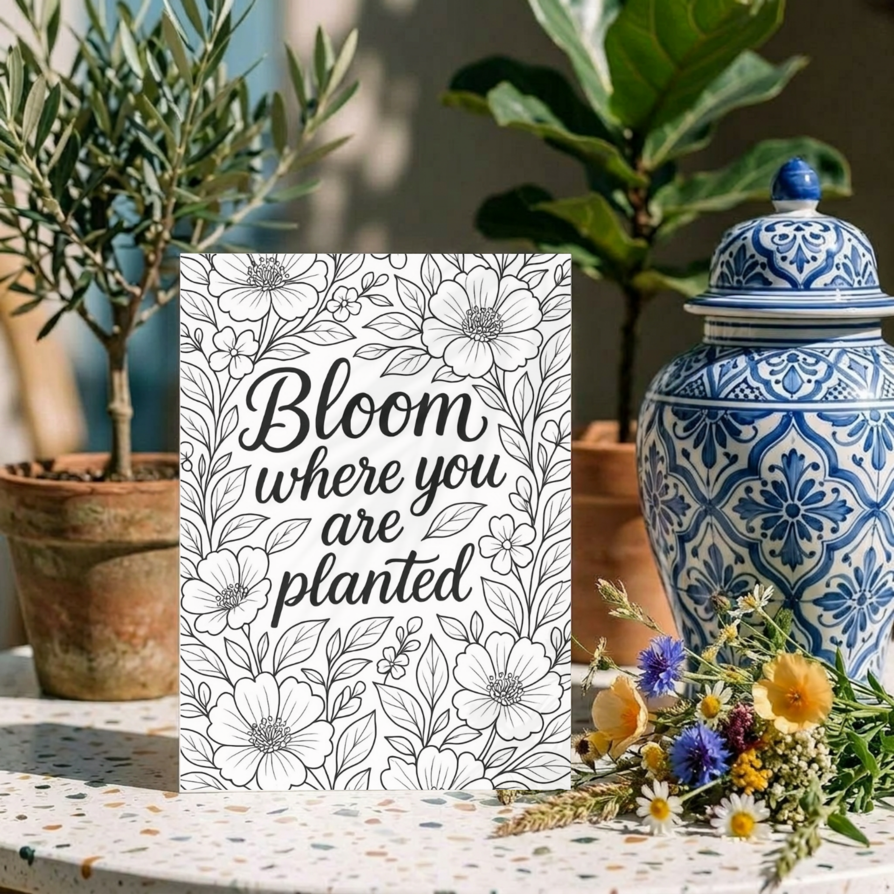 Monochromatic Florals Foldable Greetings Card - A7 (Digital Download)