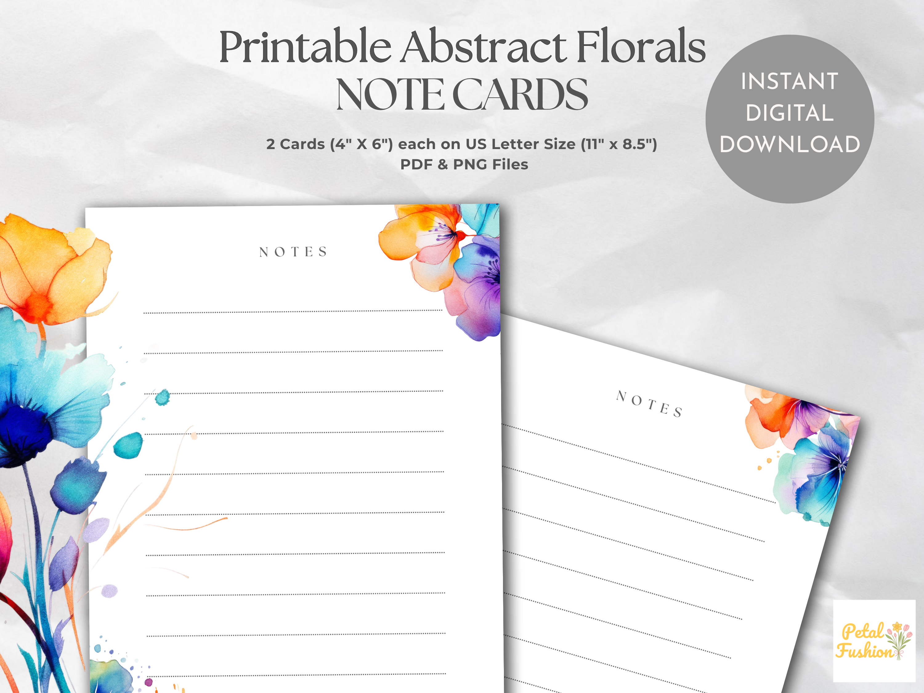 Abstract Florals Printable Lined Note Cards (Digital Download)