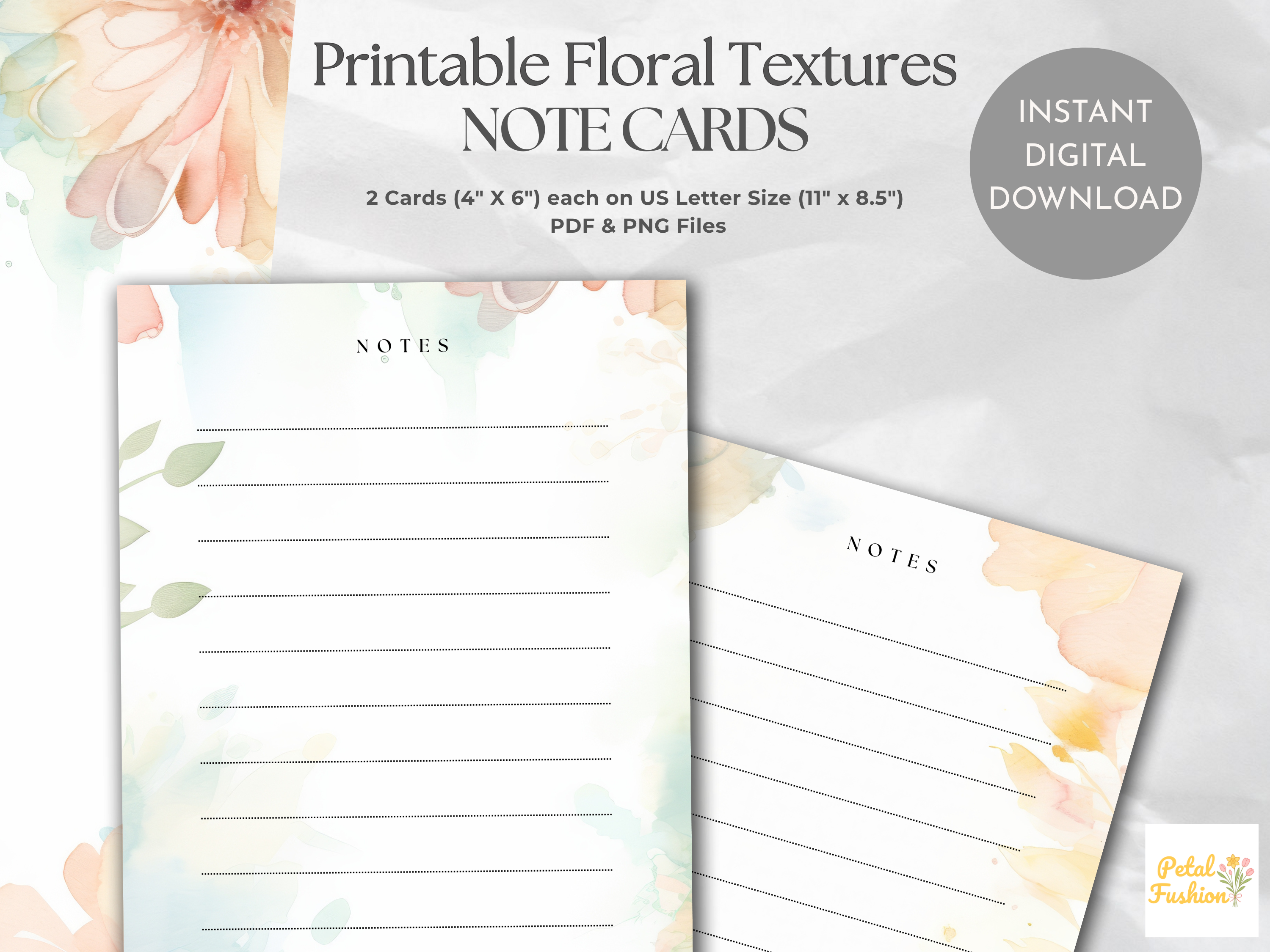 Floral Textures Lined Note Cards (Digital Download)