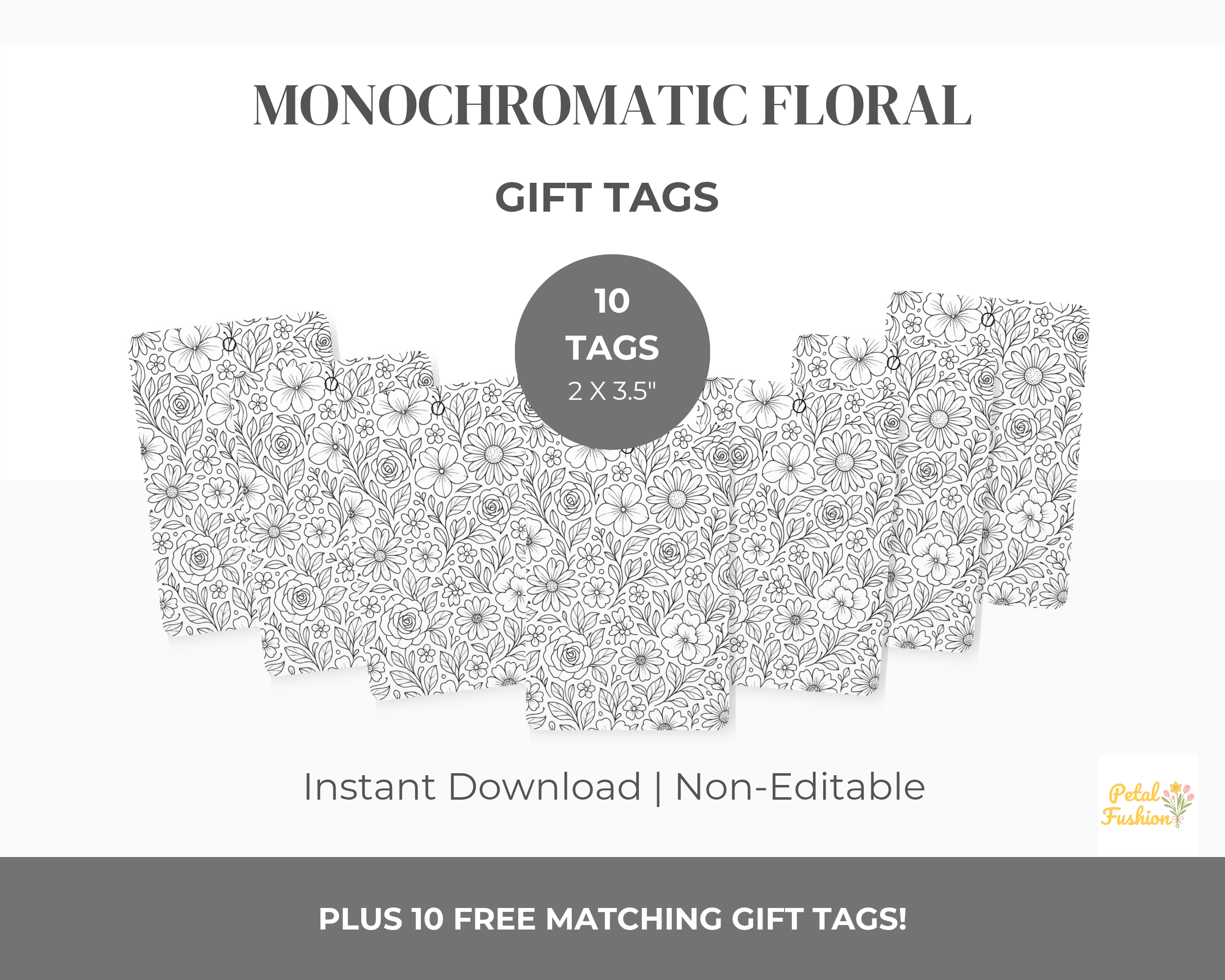 10 Printable Monochromatic Floral Gift Tags (Digital Download)