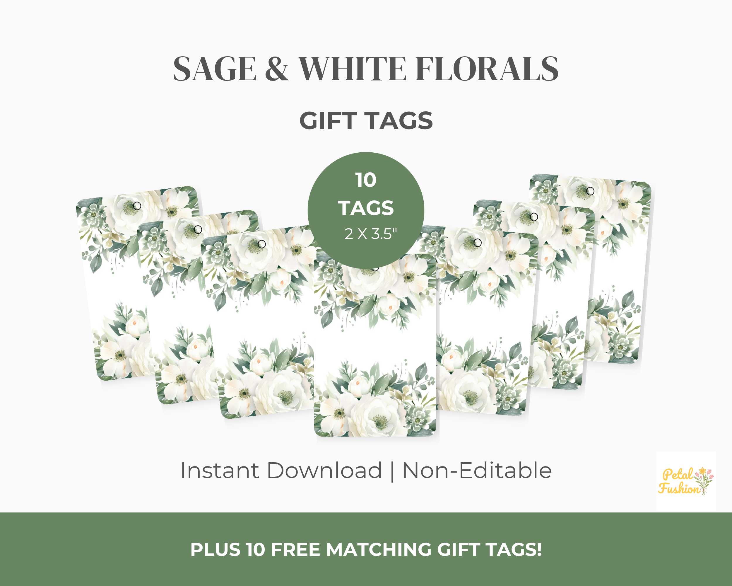10 Sage & White Florals Gift Tags (Digital Download)