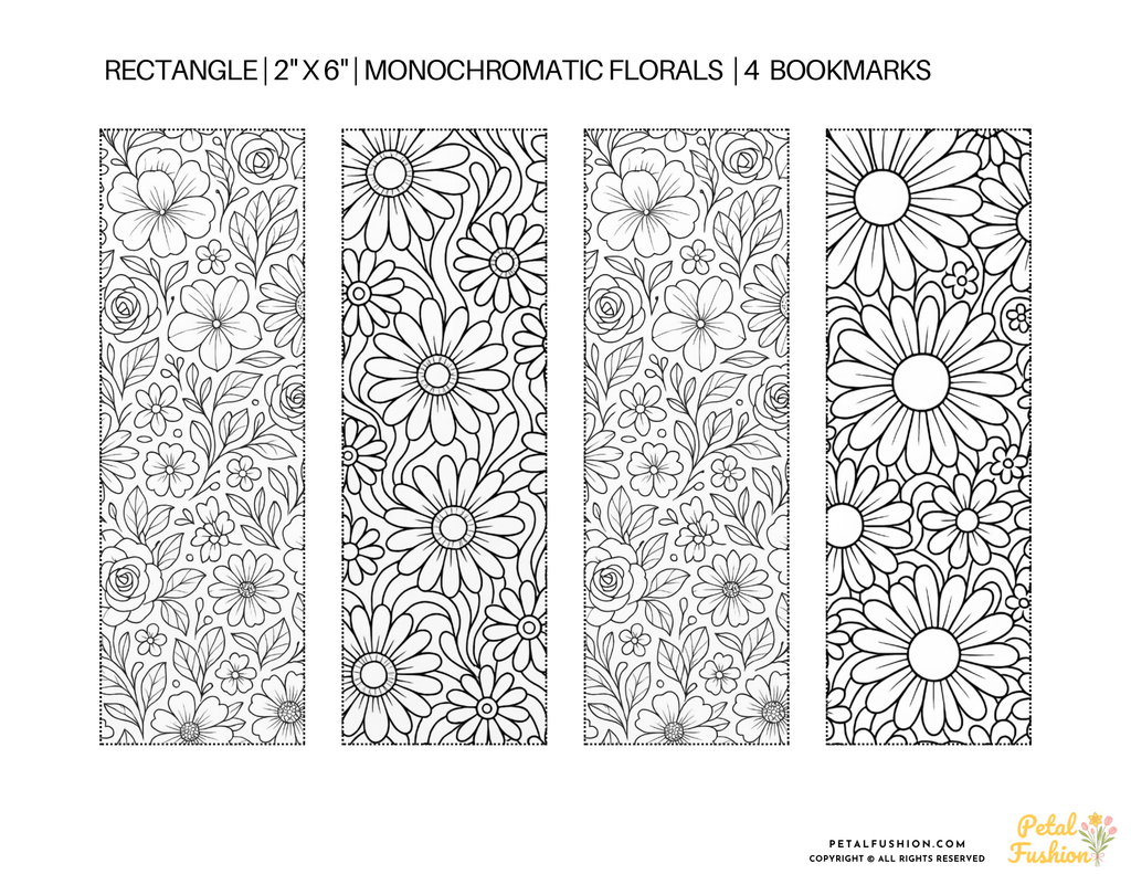 4 Printable Monochromatic Floral Bookmarks (Digital Download)