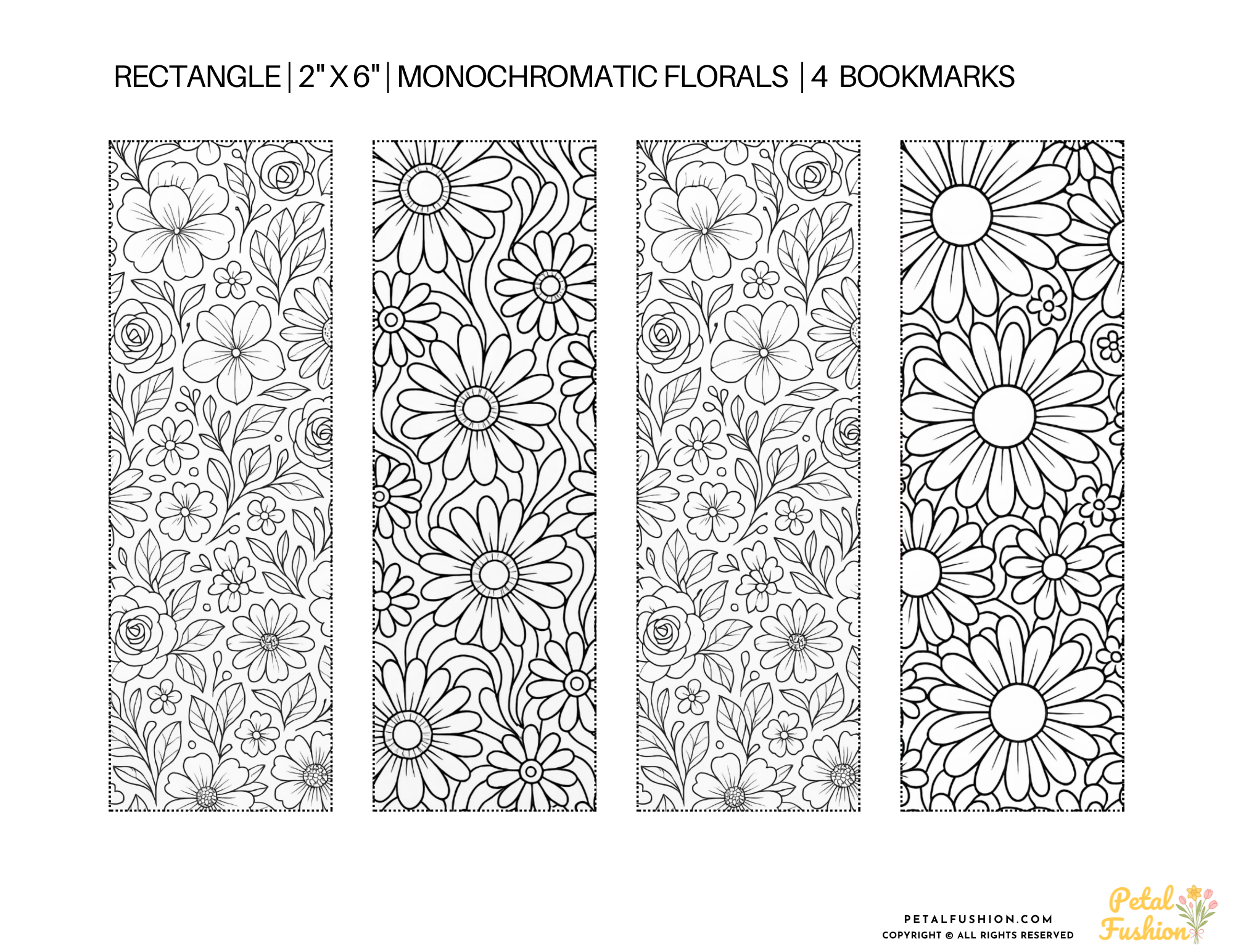 4 Printable Monochromatic Floral Bookmarks (Digital Download)