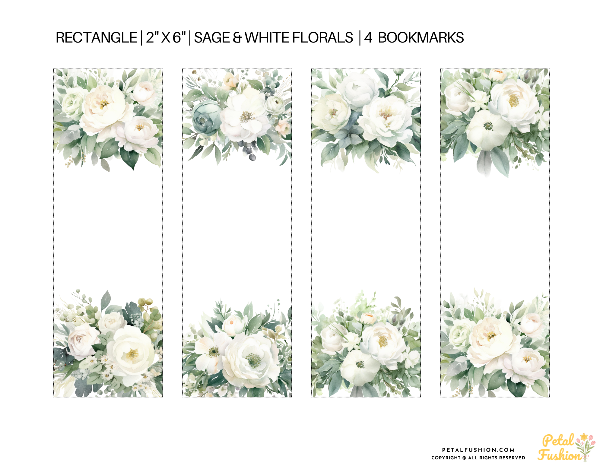 4 Sage & White Florals Printable Bookmarks (Digital Download)