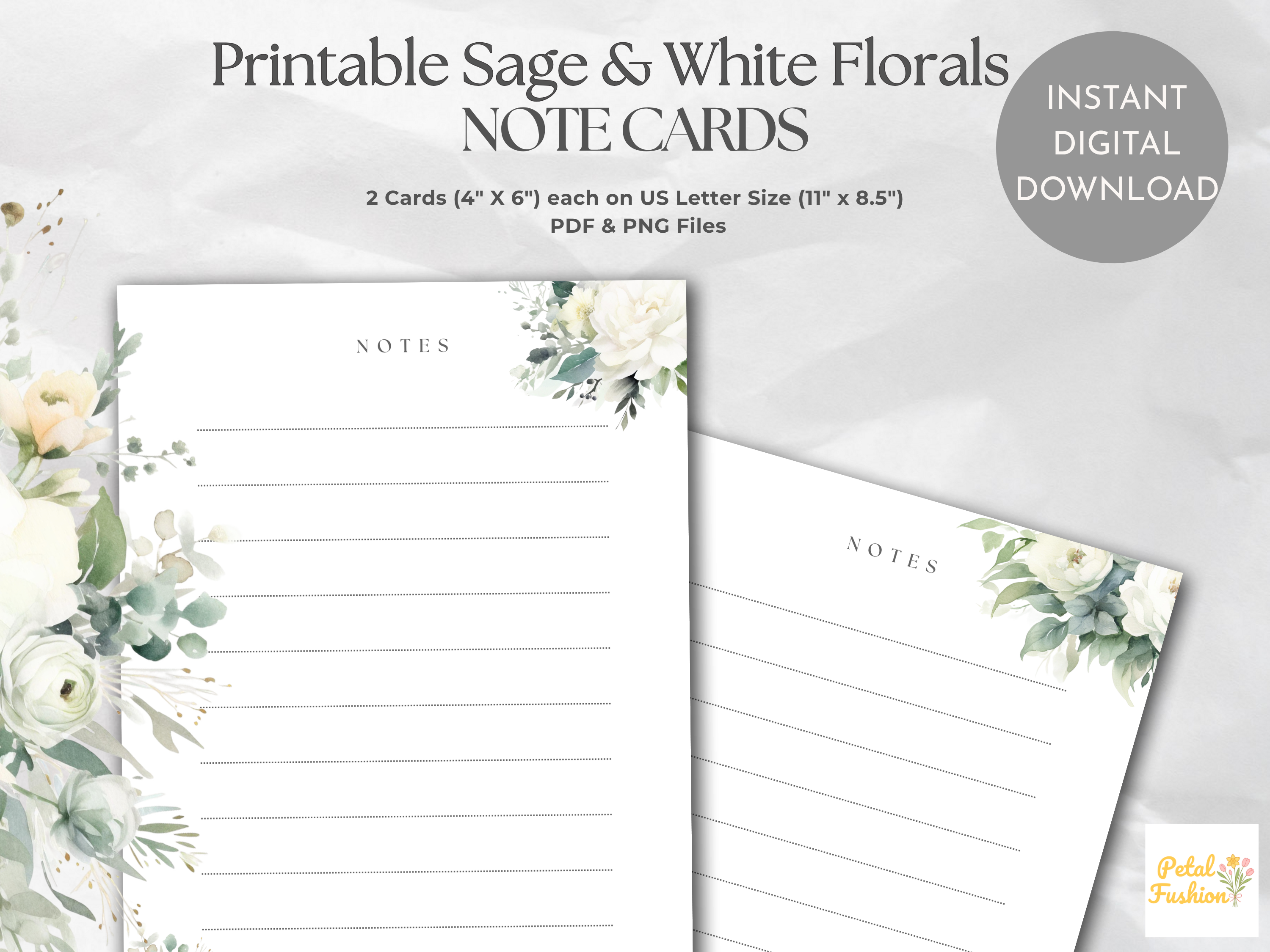 Sage & White Floral Lined Note Cards (Digital Download)