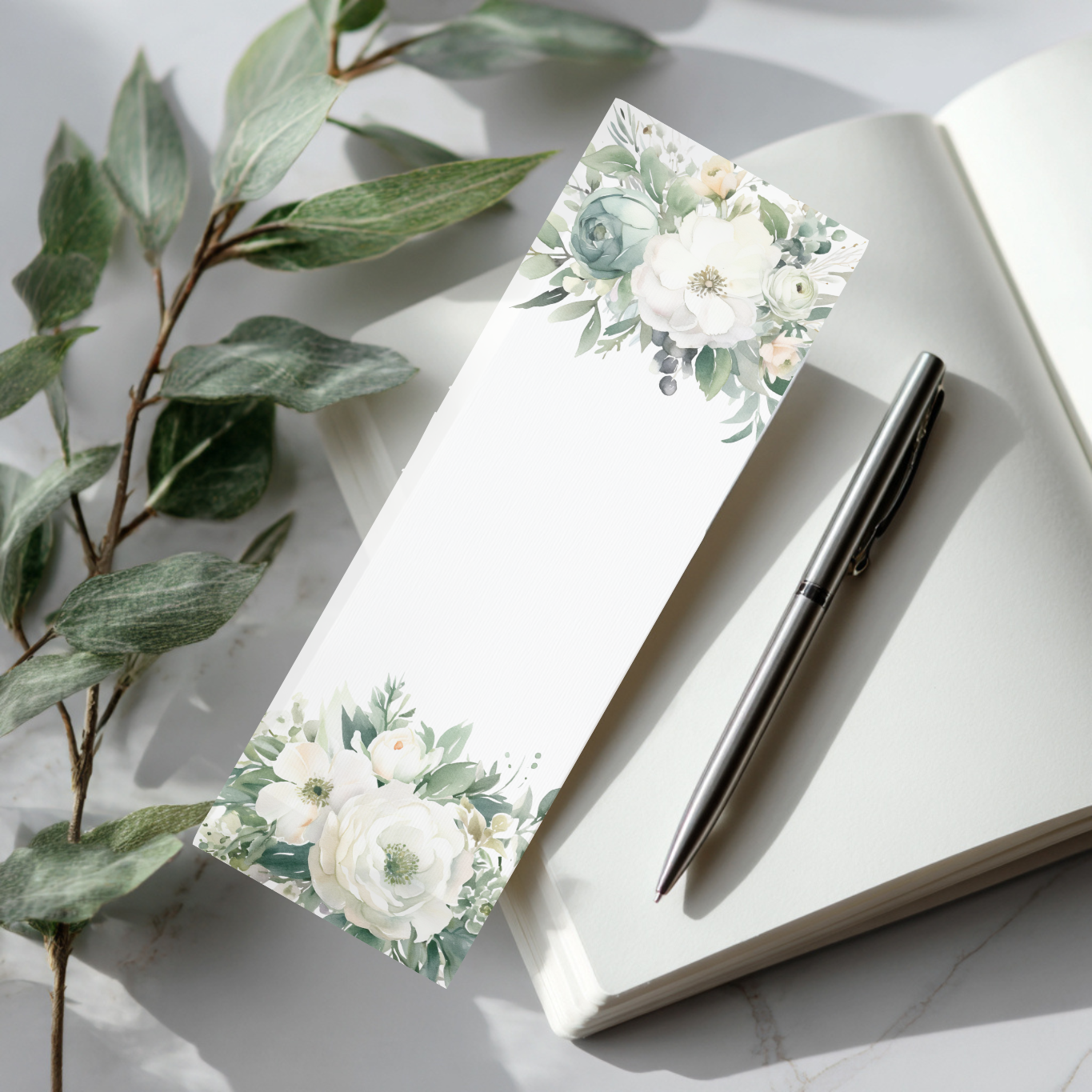 4 Sage & White Florals Printable Bookmarks (Digital Download)