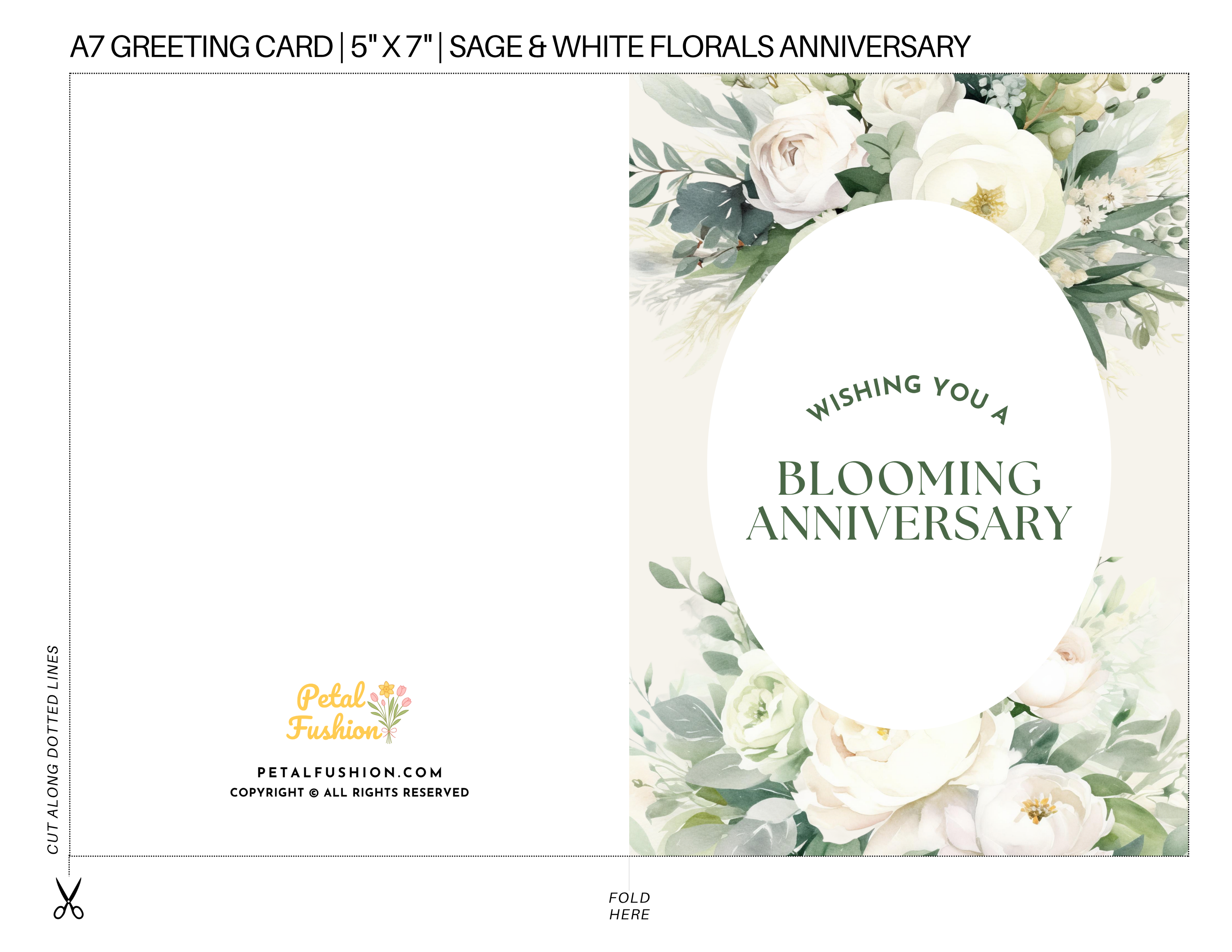 Sage & White Florals Foldable Greetings Card - A7 (Digital Download)