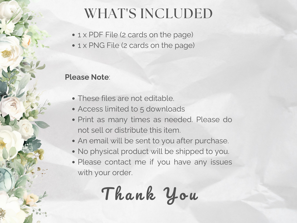 Sage & White Floral Lined Note Cards (Digital Download)