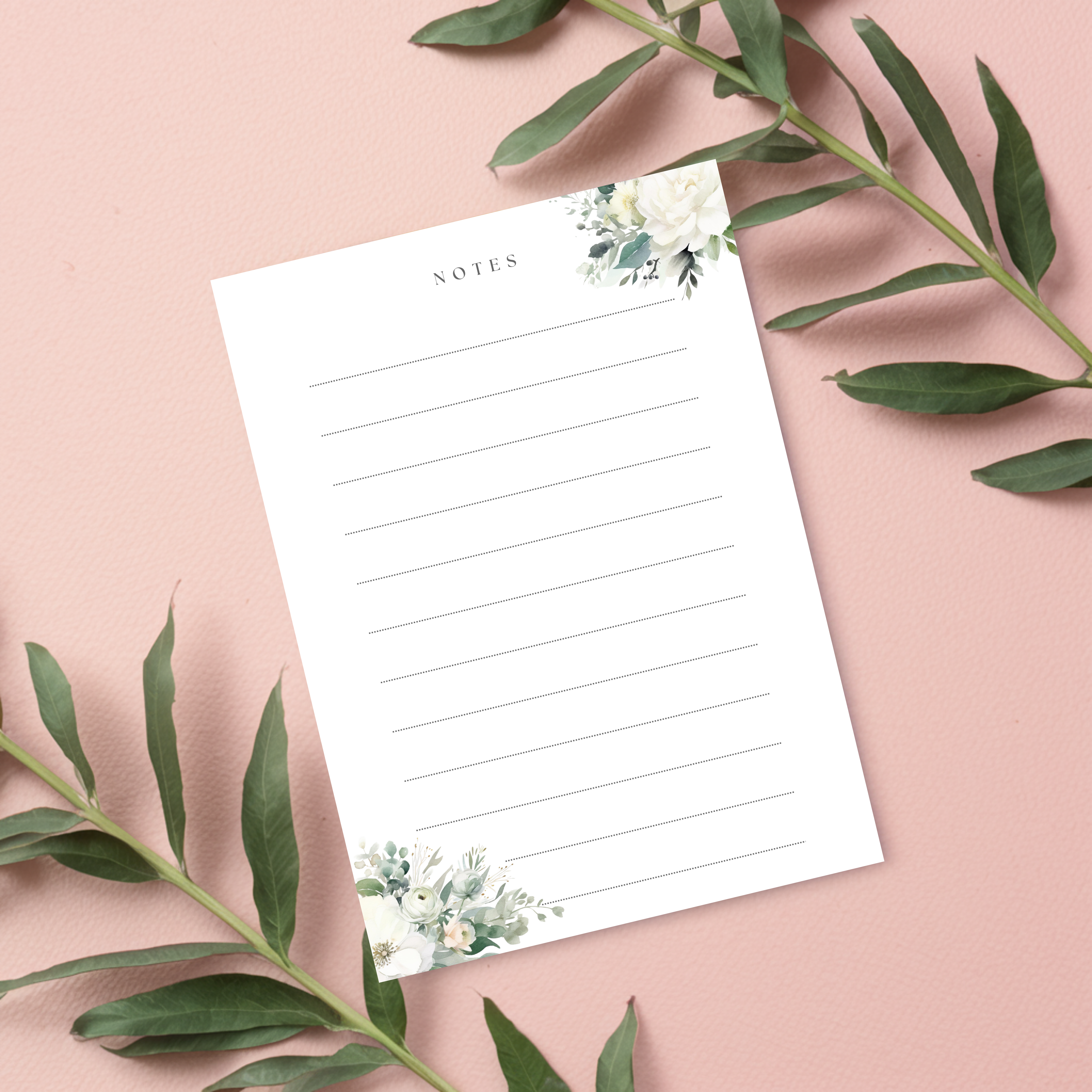 Sage & White Floral Lined Note Cards (Digital Download)