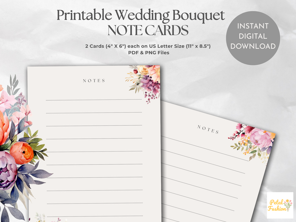 Wedding Bouquet Lined Note Cards (Digital Download)