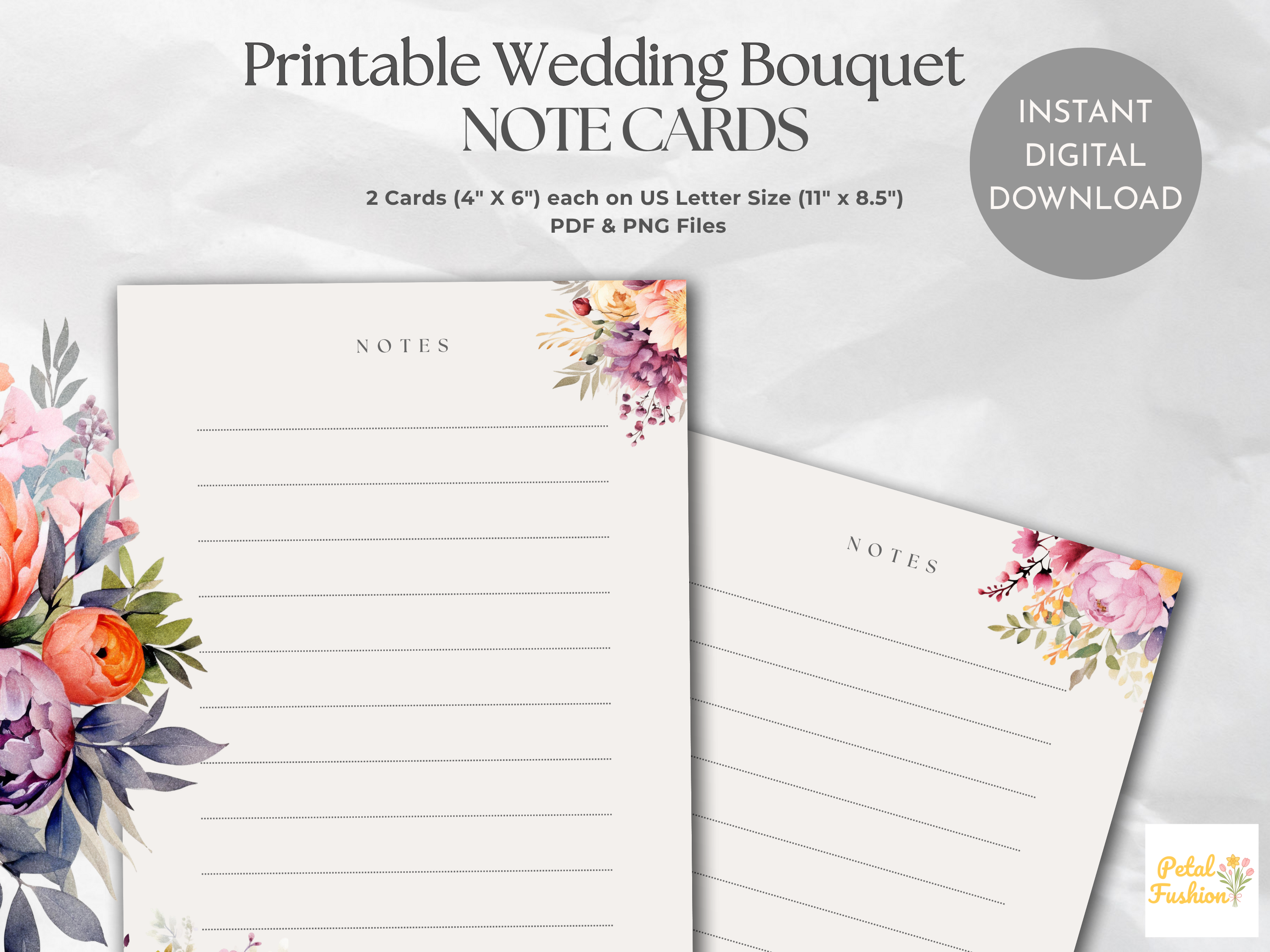 Wedding Bouquet Lined Note Cards (Digital Download)