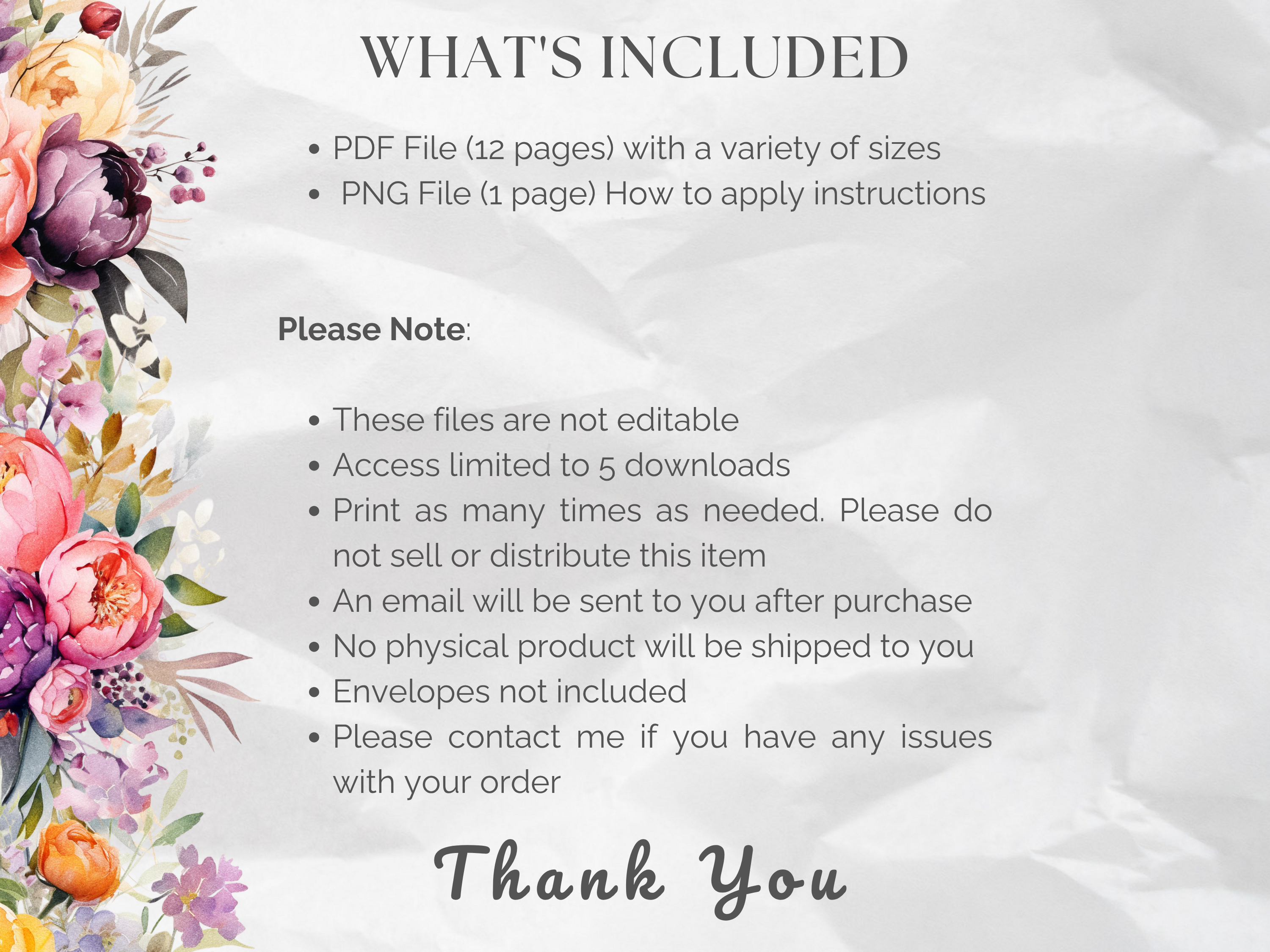 Printable Wedding Bouquet Envelope Liners 12 Sizes (Digital Download)