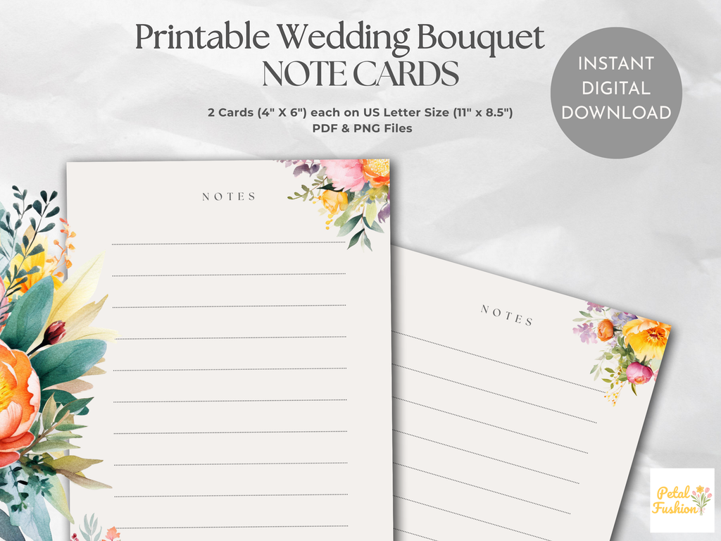 Wedding Bouquet Lined Note Cards (Digital Download)