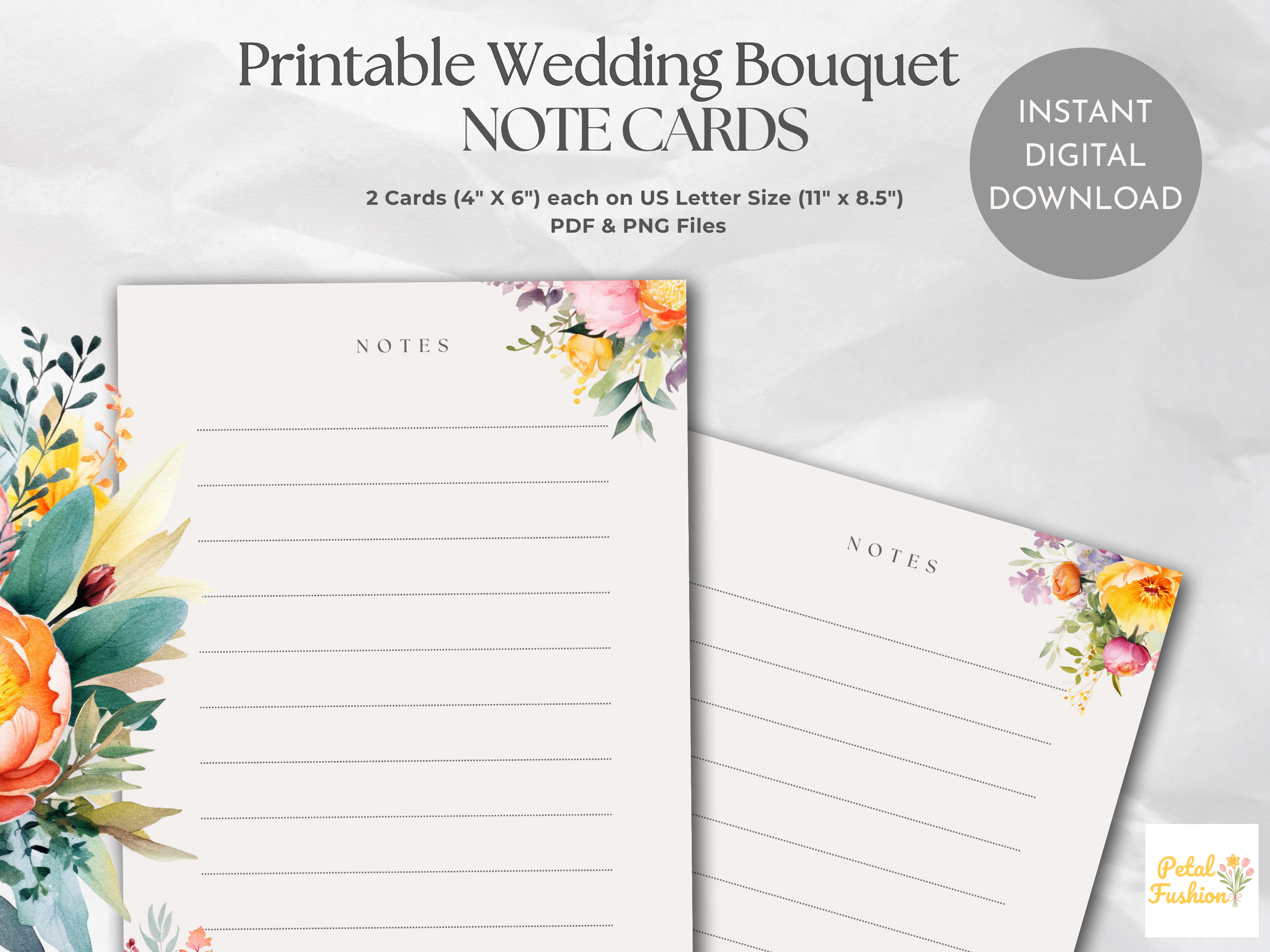 Wedding Bouquet Lined Note Cards (Digital Download)