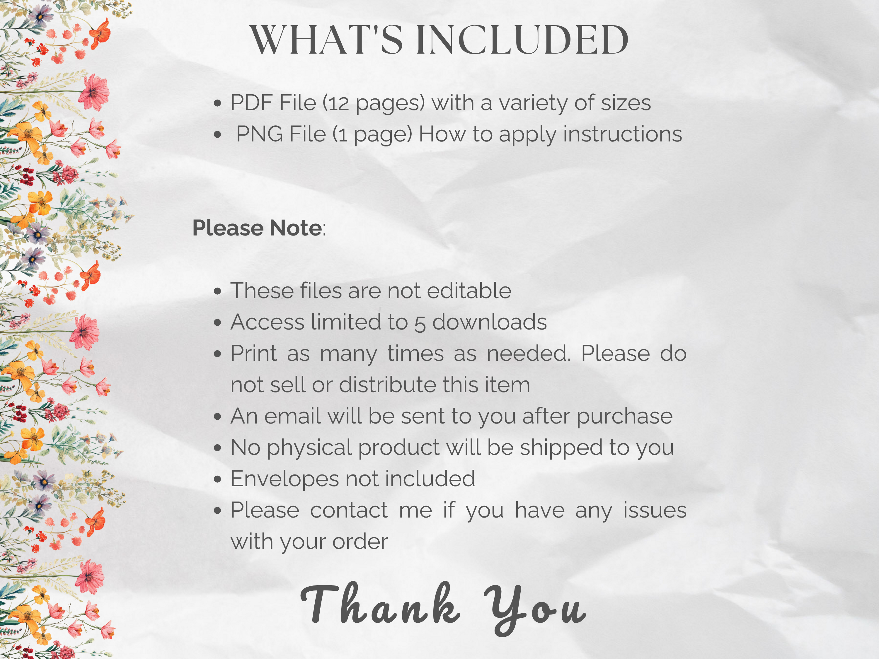 Printable Wildflowers Envelope Liners 12 Sizes (Digital Download)