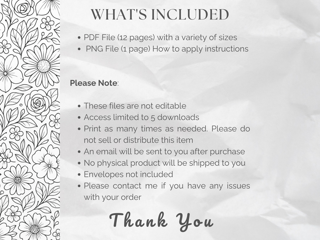 Printable Monochrome Floral Envelope Liners 12 Sizes (Digital Download)