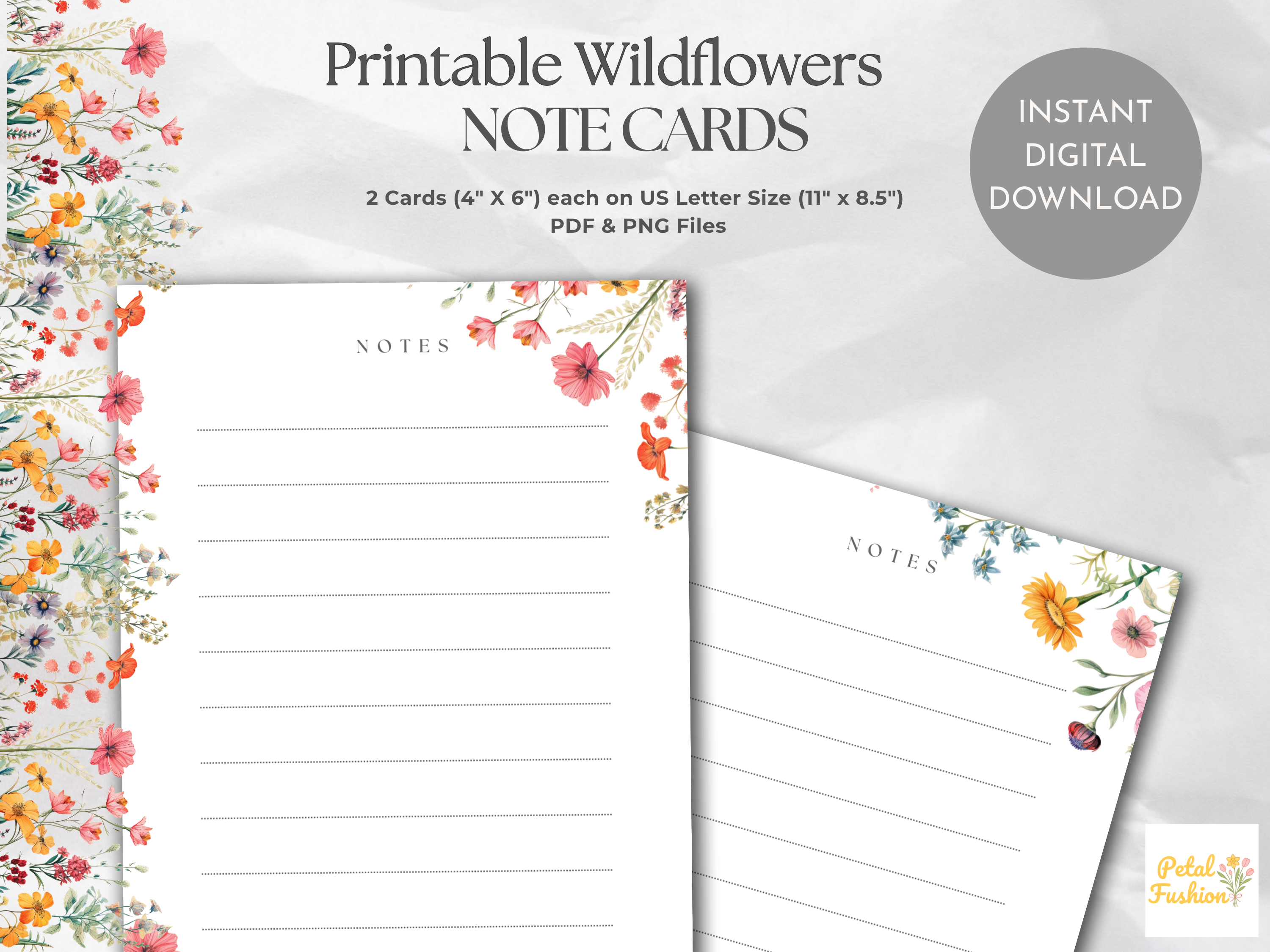 Printable Wildflowers Lined Note Cards (Digital Download)