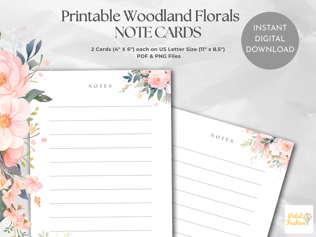 Pink Woodland Florals Lined Note Cards (Digital Download)